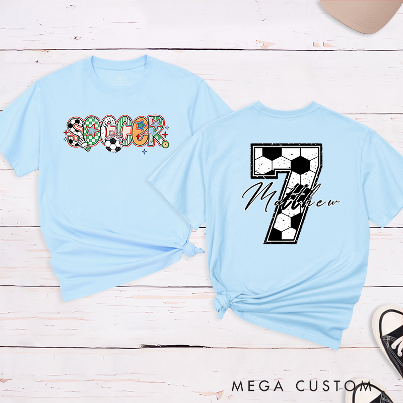 Personalized Soccer T-Shirt with Colorful Patterned Lettering and Custom Name and Number