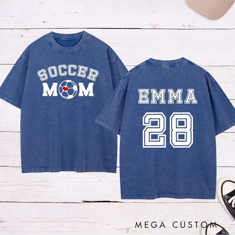 Personalized Washed Soccer Mom T-Shirt with Custom Name, Number, and Bold Graphic Design