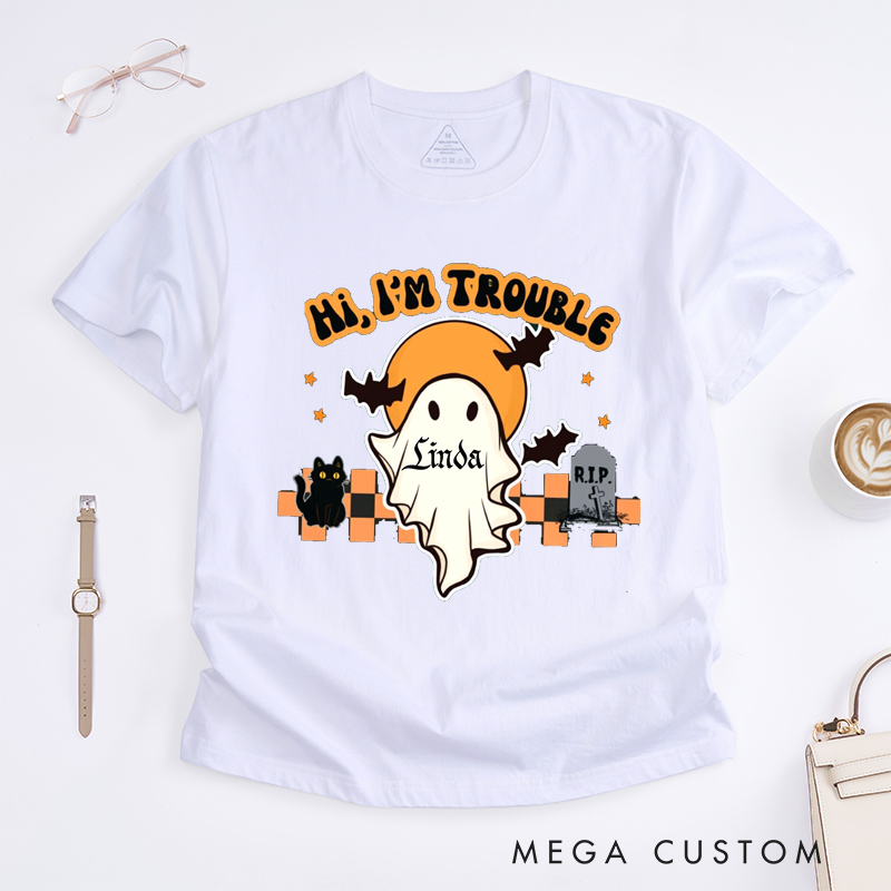 Personalized Where I Go Trouble Follows Hi I Am Trouble Funny Halloween Couple Matching T-Shirt
