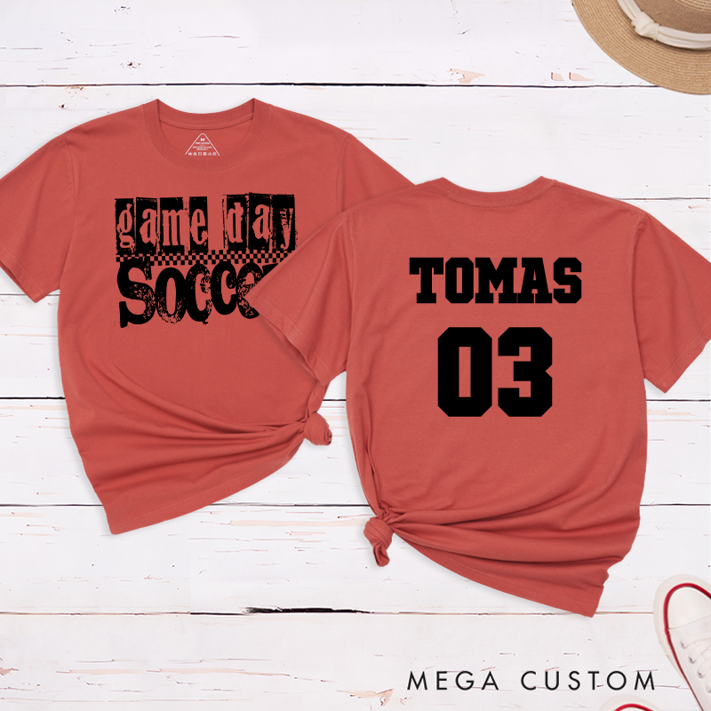Personalized Game Day Soccer T-Shirt with Grunge Checkerboard Design and Custom Name and Number