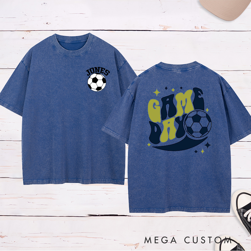 Personalized Game Day Washed T-Shirt  with Fun Retro Design and Custom Name and Number  