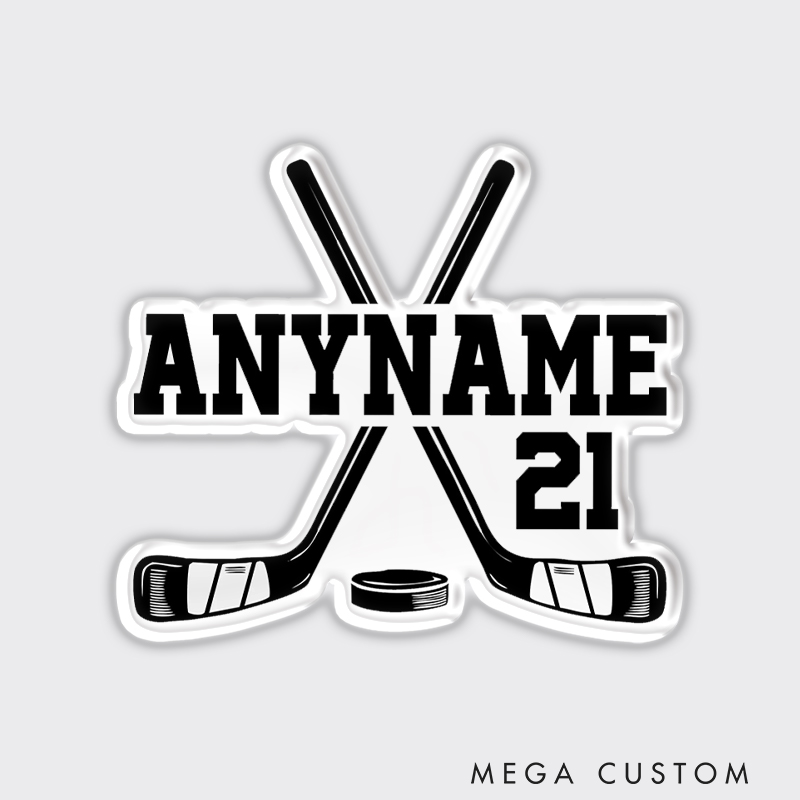 Personalized Hockey Fridge Magnet with Crossed Sticks and Custom Name and Number