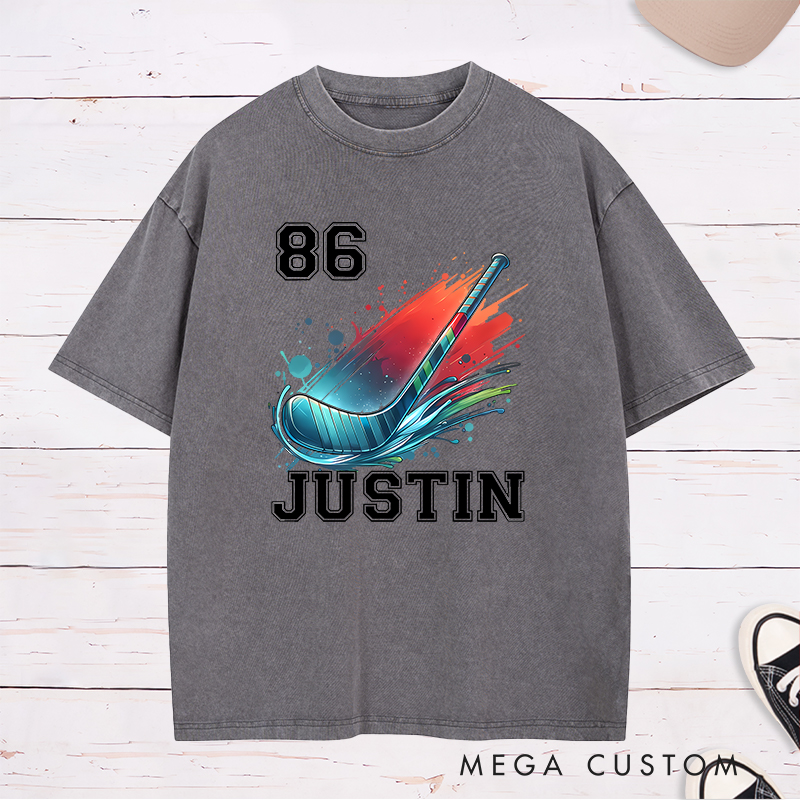 Personalized Athletic Washed T-Shirt with Hockey Stick and Customizable Name