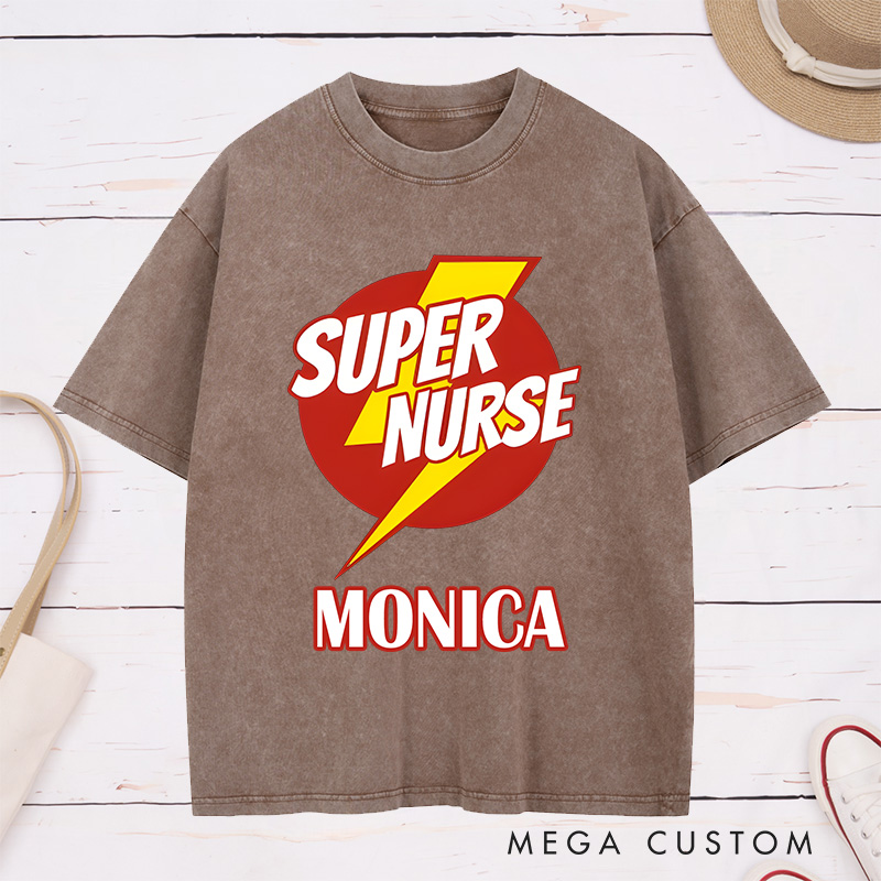 Personalized Nurse Washed T-Shirt Customized Super Nurse Design Washed T-Shirt 