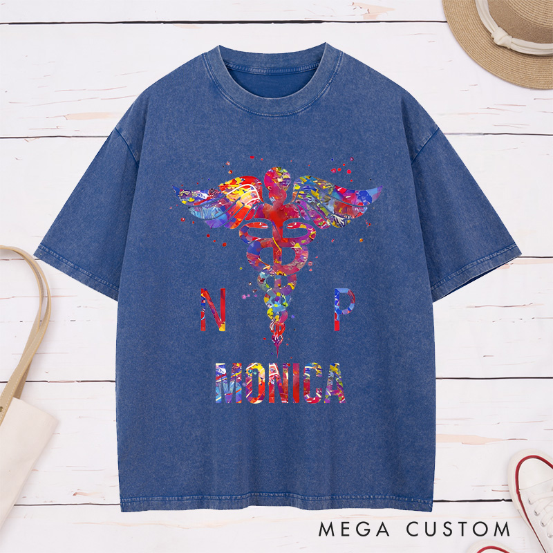 Personalized Nurse Washed T-Shirt Customized NP Colorful Caduceus Graphic Design Washed T-Shirt 