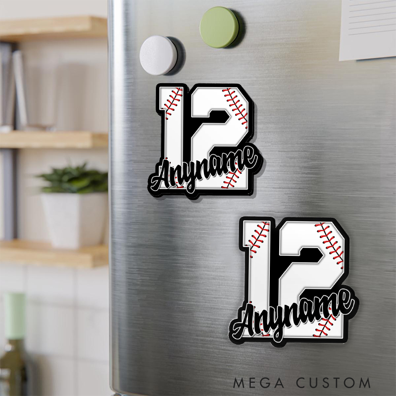 Personalized Baseball Fridge Magnet with Bold Number and Custom Name 
