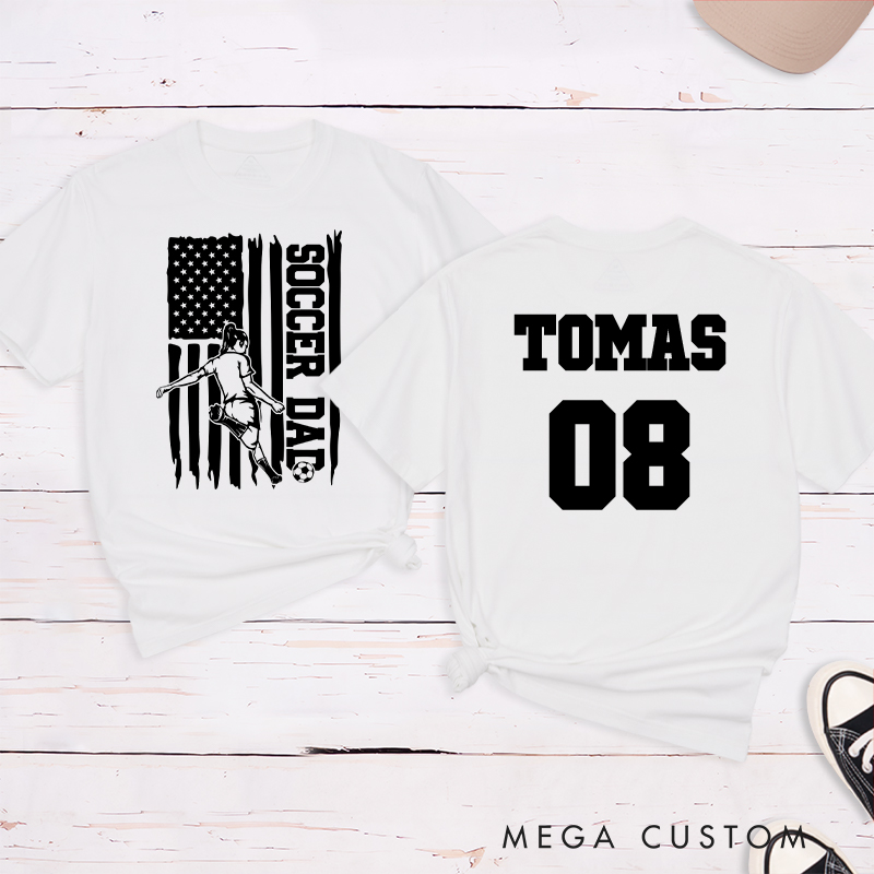 Personalized Soccer Dad T-Shirt with Patriotic Flag Design and Custom Name