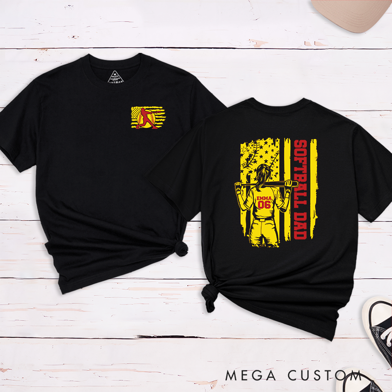 Personalized Softball Dad T-Shirt Design Featuring Player Silhouette Custom Name and Number with Bold Patriotic Graphic