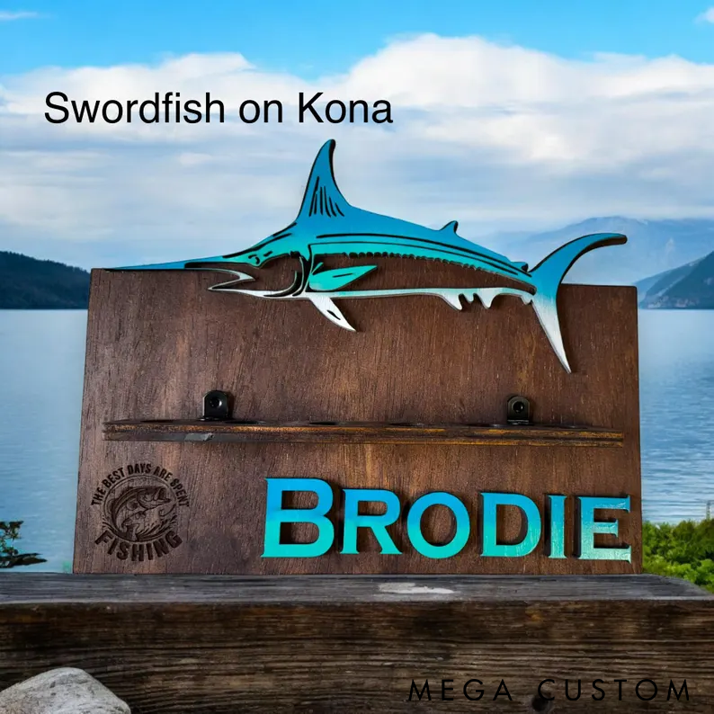 Personalized Fishing Rod Holder Wall Mount Custom Name Wooden Rack with Fish Design Perfect for Organizing Gear and Fishing Enthusiast Gifts