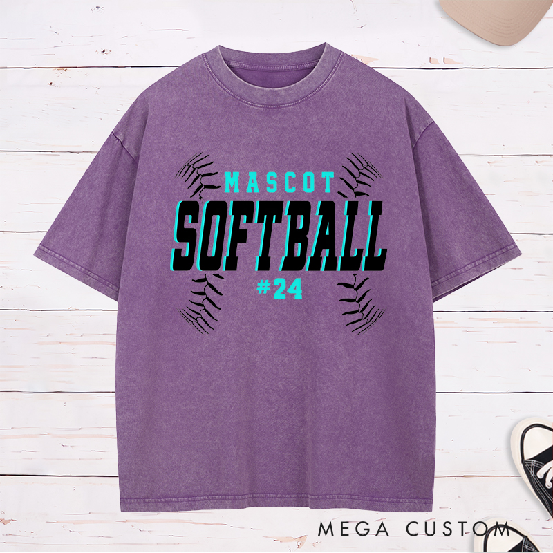 Personalized Softball Washed T-Shirt Team Design Featuring Bold Fixed Text a Dynamic Softball Stitching Graphic and Customizable Team Name and Player Number