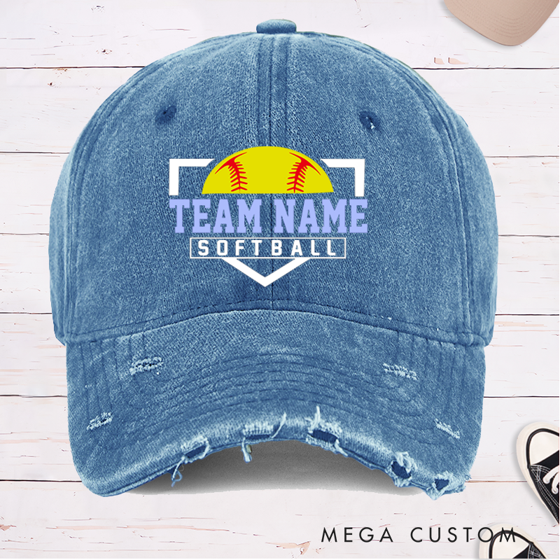 Personalized Distressed Denim Softball Cap with Custom Team Name and Softball Graphic Design