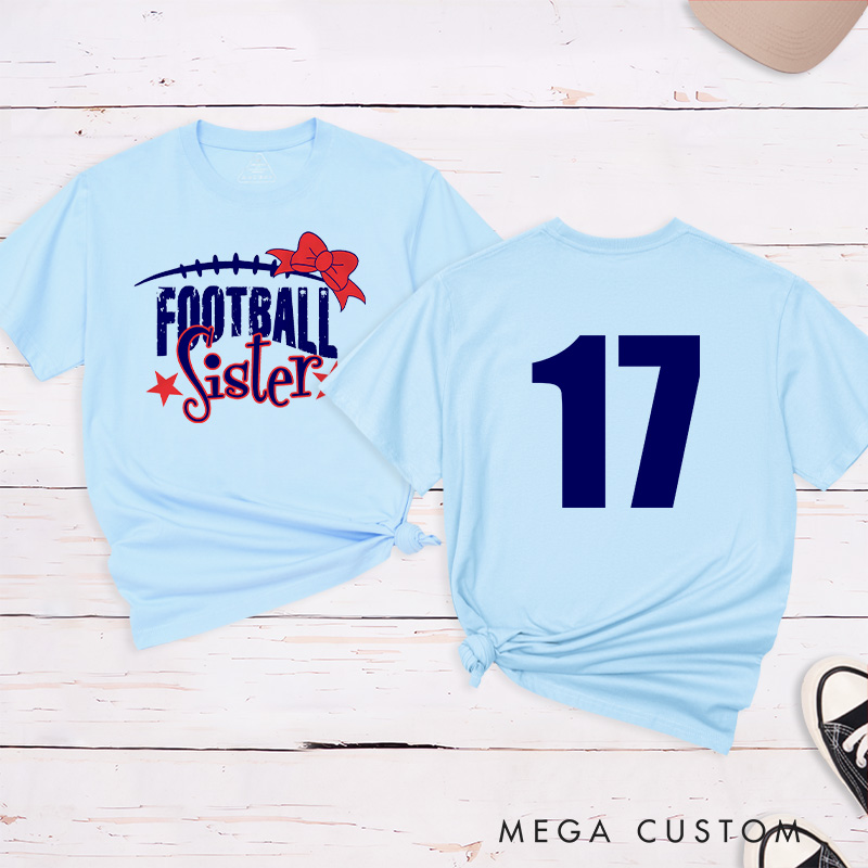 Personalized American Football and Rugby Bow Sister T-Shirts with Custom Numbers