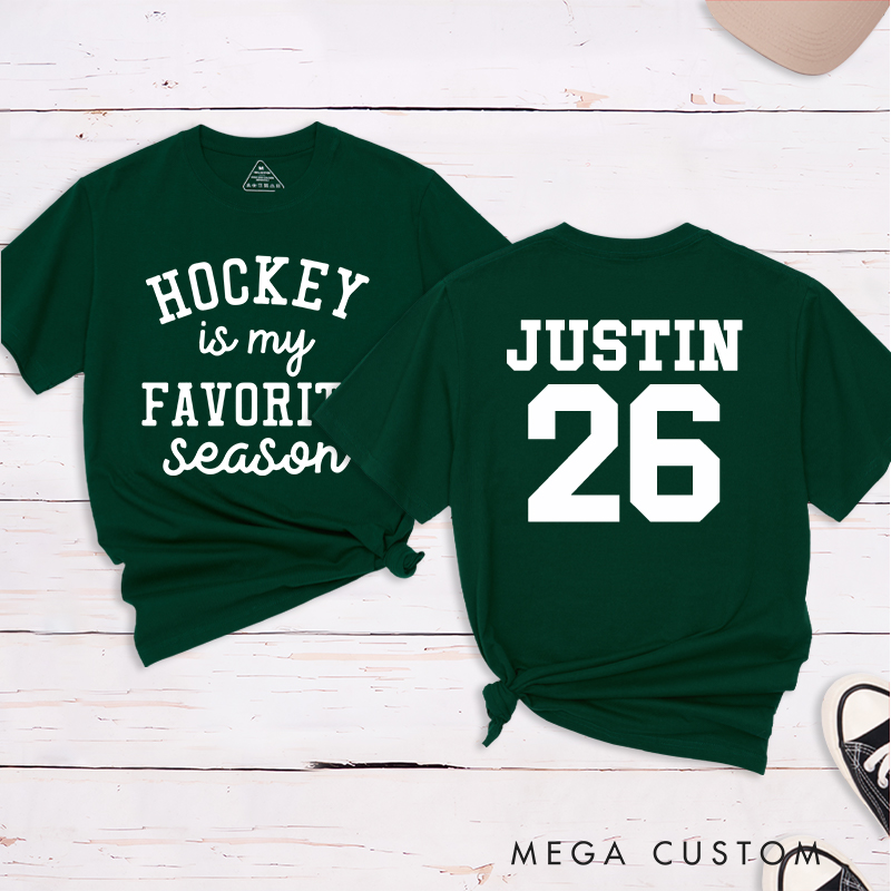 Personalized "Hockey Is My Favorite Season" T-Shirt with Custom Name and Number