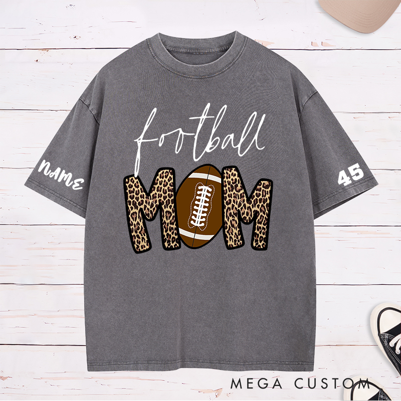 Personalized American Football Mom Washed T-Shirts with Custom Name and Number for Mother's Day