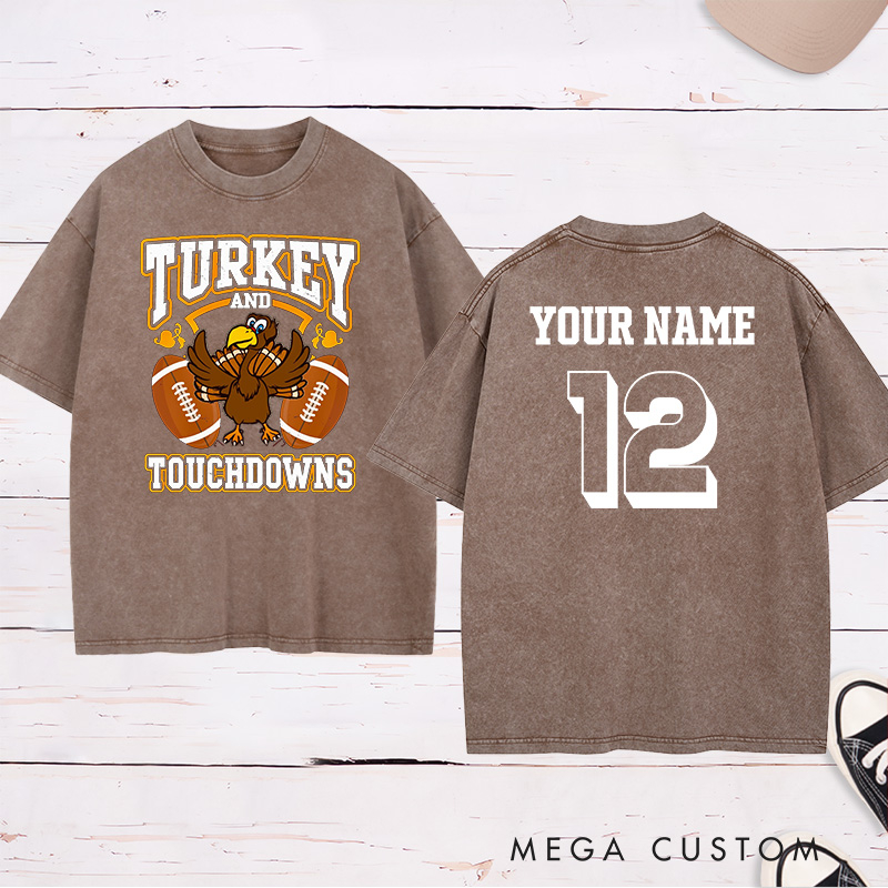Personalized American Football and Rugby Turkey Washed T-Shirts Featuring Custom Name and Number