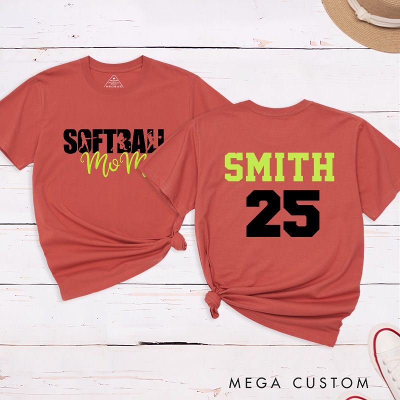 Personalized Softball Mom T-Shirt Design Featuring Bold Front Text with Stylish Script and Custom Name and Number on the Back