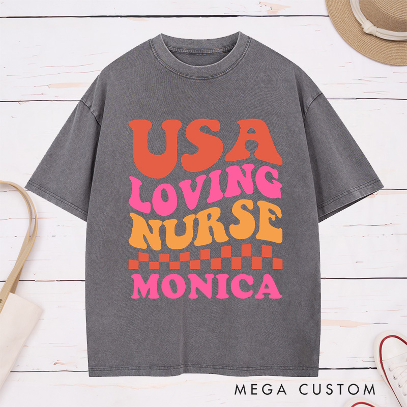 Personalized Nurse Washed T-Shirt Customized USA Loving Nurse Design Washed T-Shirt 