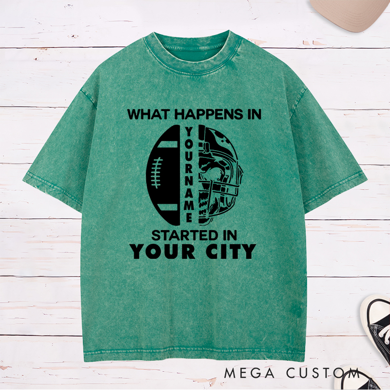 Personalized American Football Skull Washed T-Shirts Featuring Custom Name and City for New Football Fan Shirt Gift