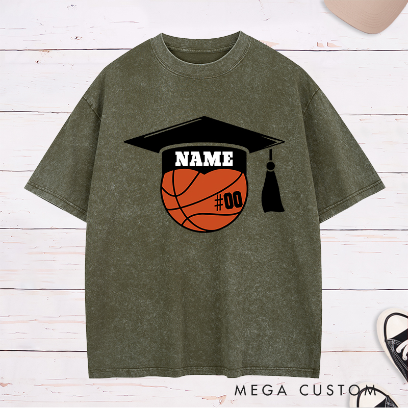 Personalized Washed T-Shirt Design Featuring a Basketball Graduation Cap Graphic with Customizable Jersey Number for a Unique Senior Look
