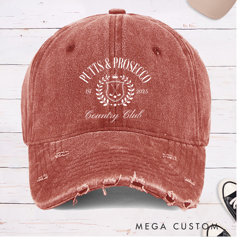Personalized Distressed Denim Baseball Cap with "Putts & Prosecco" Country Club Laurel Crest Design and Custom EST Year