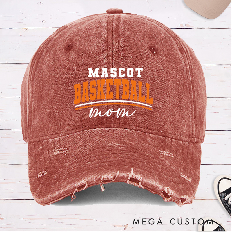 Personalized Distressed Denim Basketball Cap with Custom Mascot Basketball Mom Design