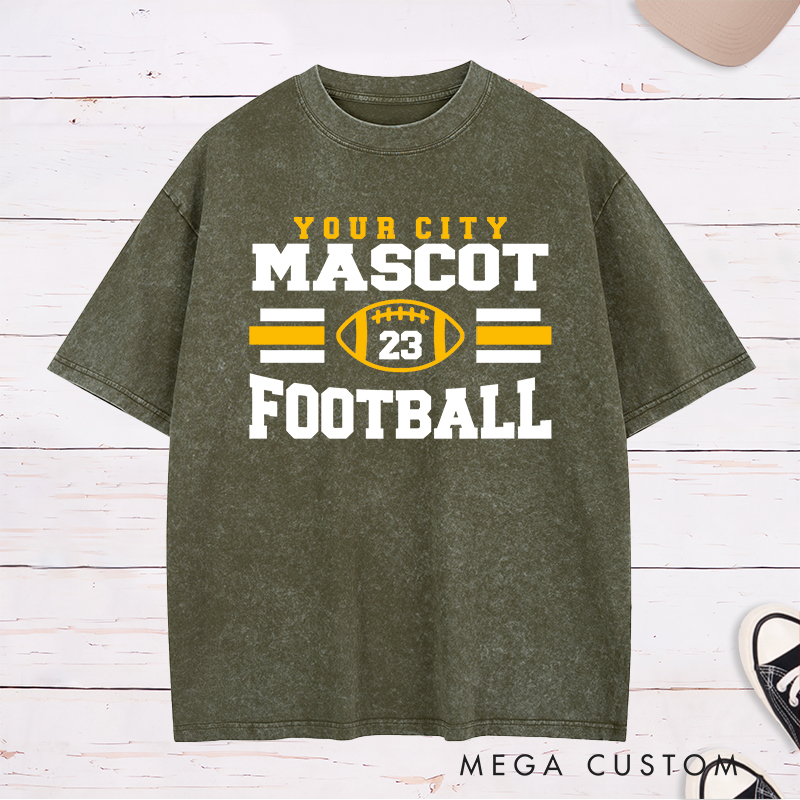 Personalized American Football Washed T-Shirts Featuring Custom Mascot, City and Number