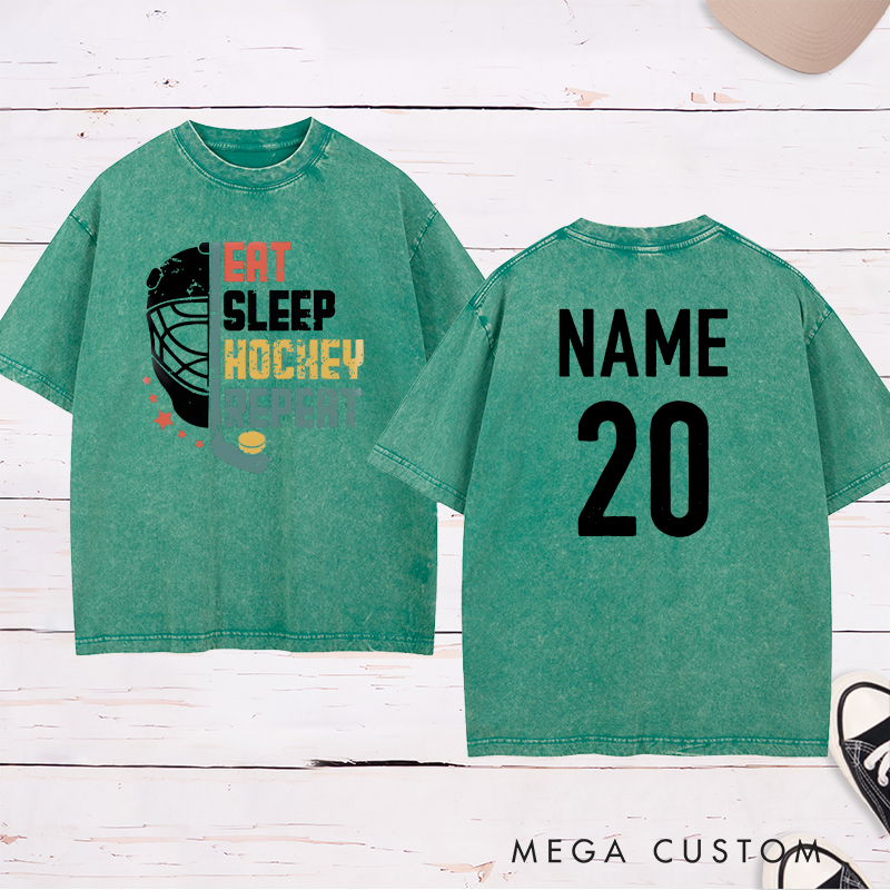 Personalized "Eat, Sleep, Hockey, Repeat" Washed T-Shirt with Custom Name and Number