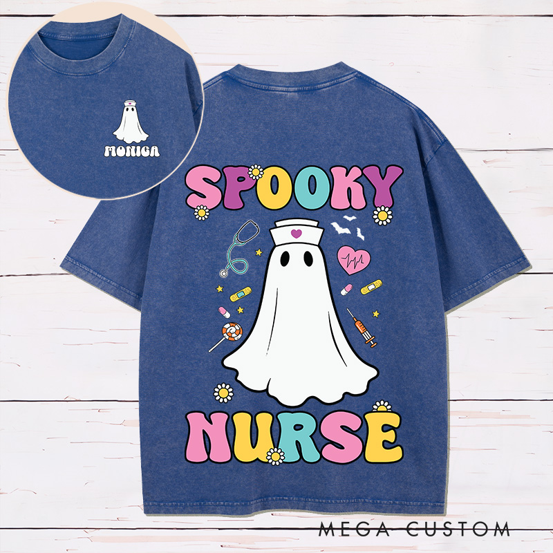 Personalized Nurse Two Sides Printed Washed T-Shirt Customized Spooky Nurse Design Washed T-Shirt 