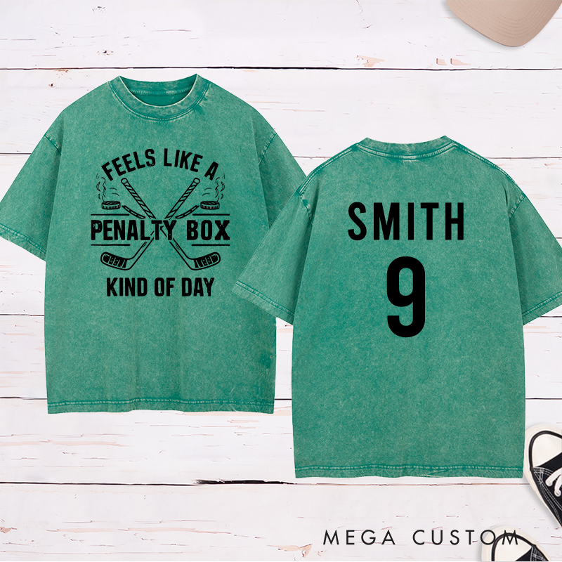 Personalized "Penalty Box Kind of Day" Hockey Washed T-Shirt with Custom Name and Number