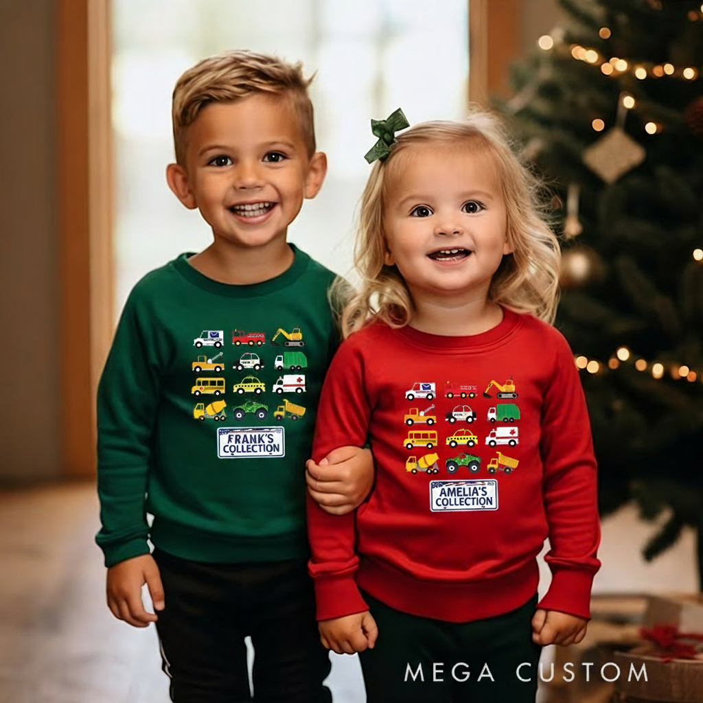 Personalized Kids Sweatshirt and Holiday Pullover with Colorful Vehicle Collection Design Featuring Cars Trucks and Excavators for a Fun Christmas Look