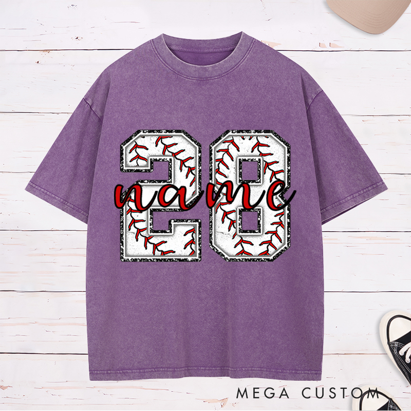 Personalized Baseball Washed T-Shirt Featuring Distressed Numbers and Custom Name and Number