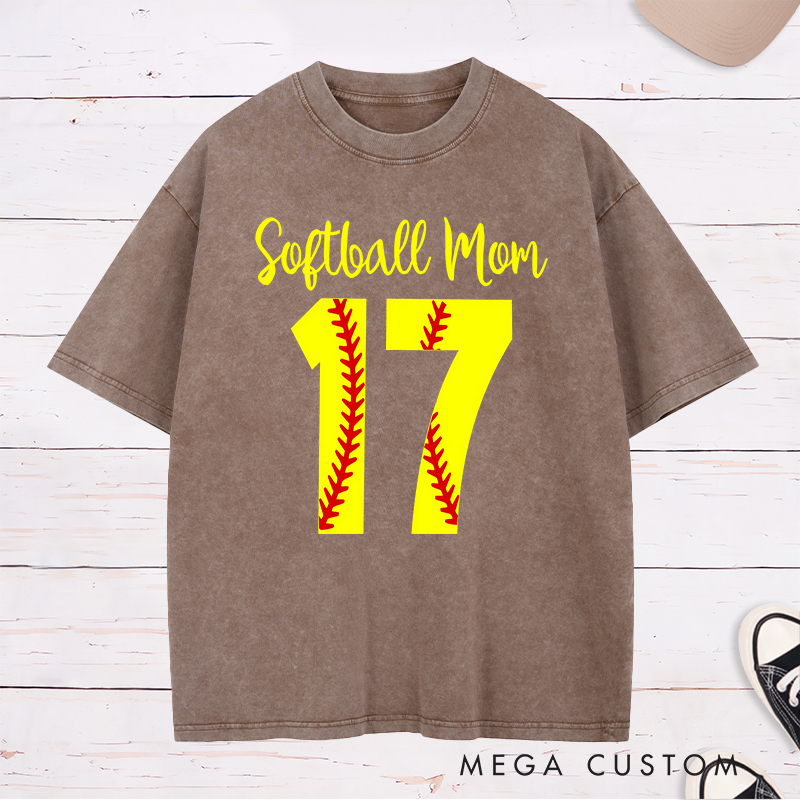 Personalized Softball Mom Washed T-Shirt Design Featuring Customizable Player Number with Red Stitch Softball Pattern and Stylish Yellow Script Text
