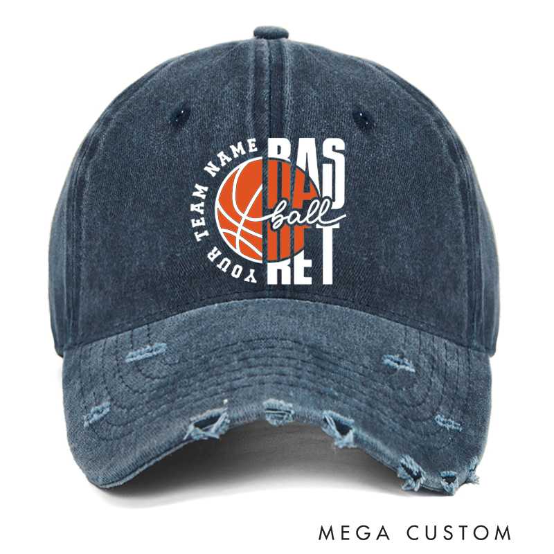 Personalized Basketball Distressed Cap with Custom Team Name and Bold Basketball Graphic Design