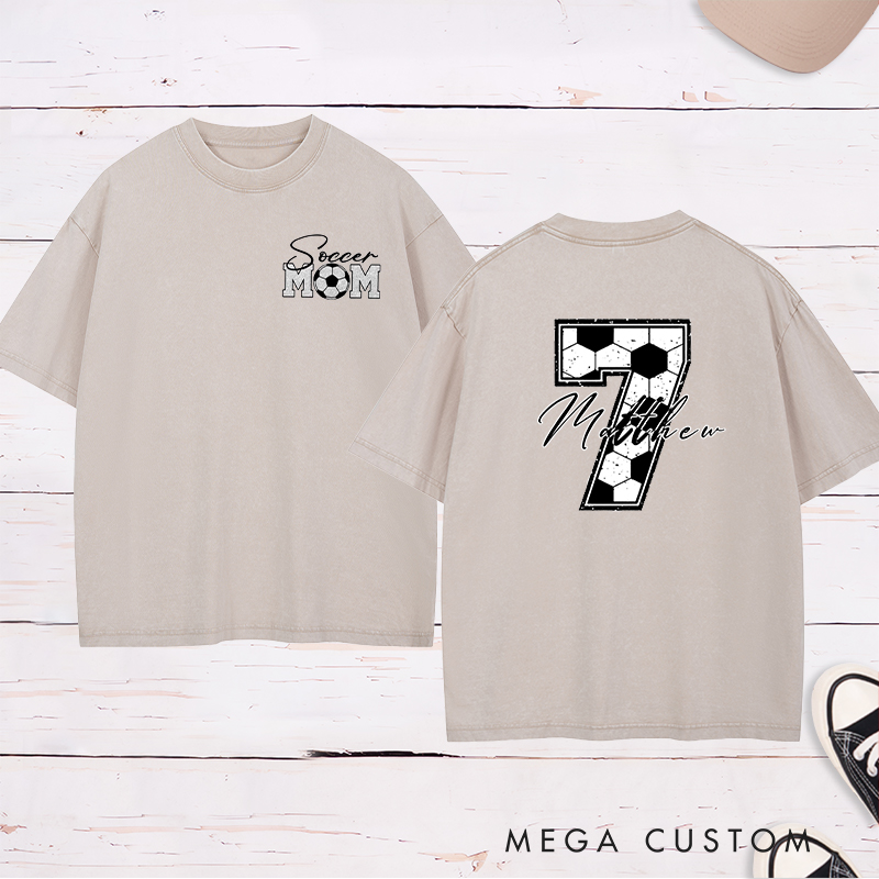 Personalized Soccer Mom Washed T-Shirt with Custom Name and Number Design