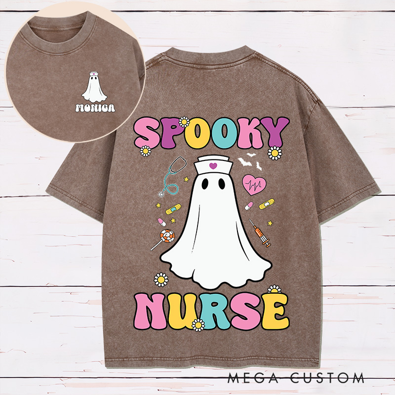 Personalized Nurse Two Sides Printed Washed T-Shirt Customized Spooky Nurse Design Washed T-Shirt 