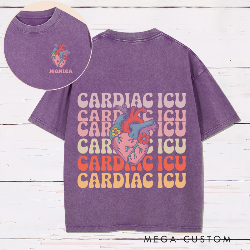 Personalized Two Sides Printed Washed T-Shirt Customized Cardiac ICU Vibrant Heart Design Washed T-Shirt 