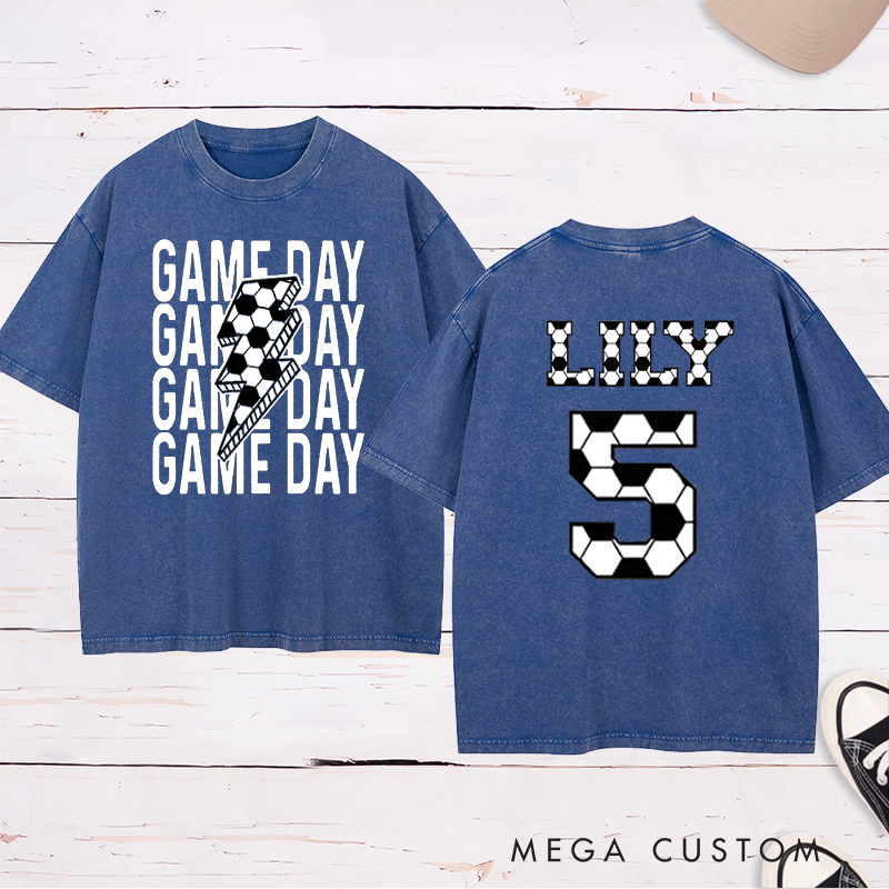 Personalized Game Day Soccer Washed T-Shirt with Custom Name and Number
