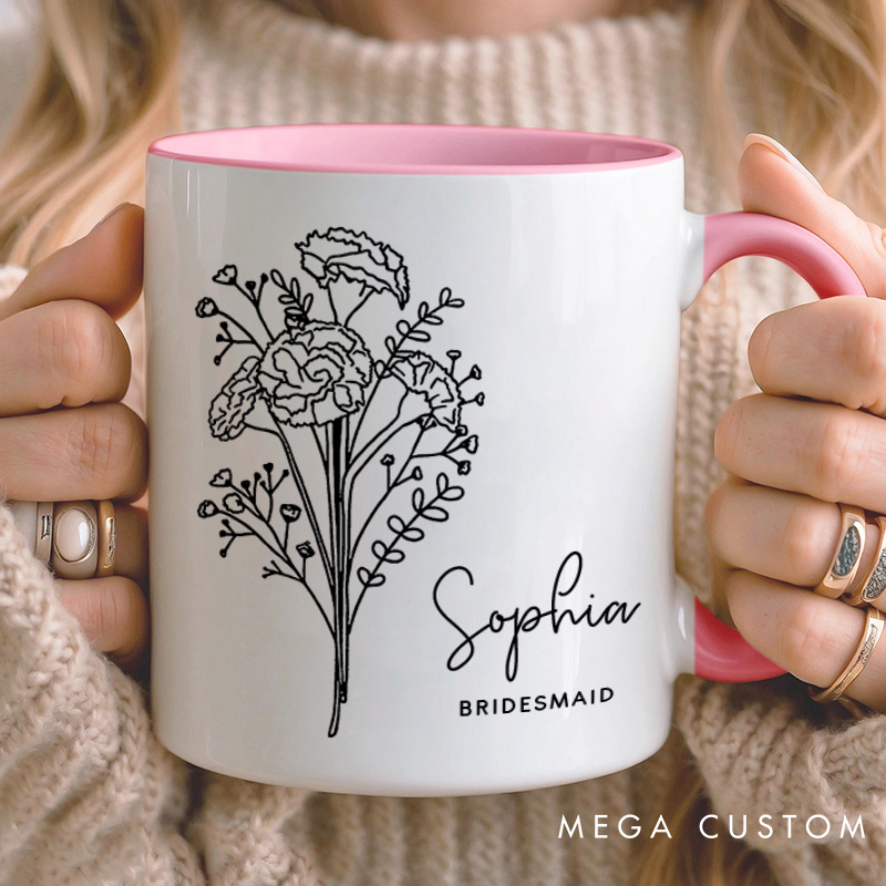 Personalized Elegant Bridesmaid Birth Flower Mug Maid of Honor Month Flower Mug Bachelorette Party Mug Mother of the Bride Groom Mug Bridal Shower Mug