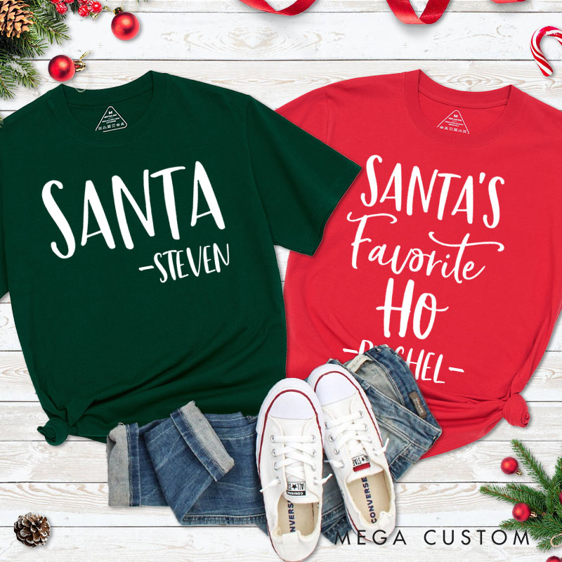 Personalized Couple Fun Santa and Santa's Favorite Ho Christmas T-Shirt with Name Couple Xmas Matching T-Shirt for Husband Wife Boyfriend Girlfriend