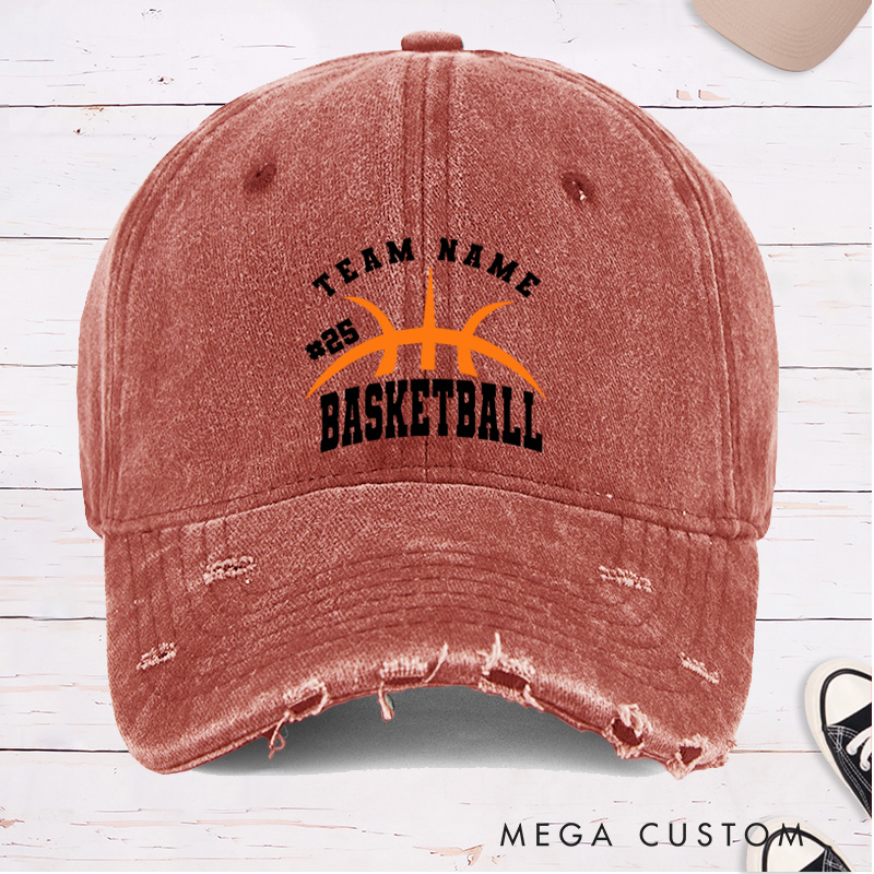 Personalized Distressed Denim Basketball Cap with Custom Team Name Player Number and Basketball Graphic Design