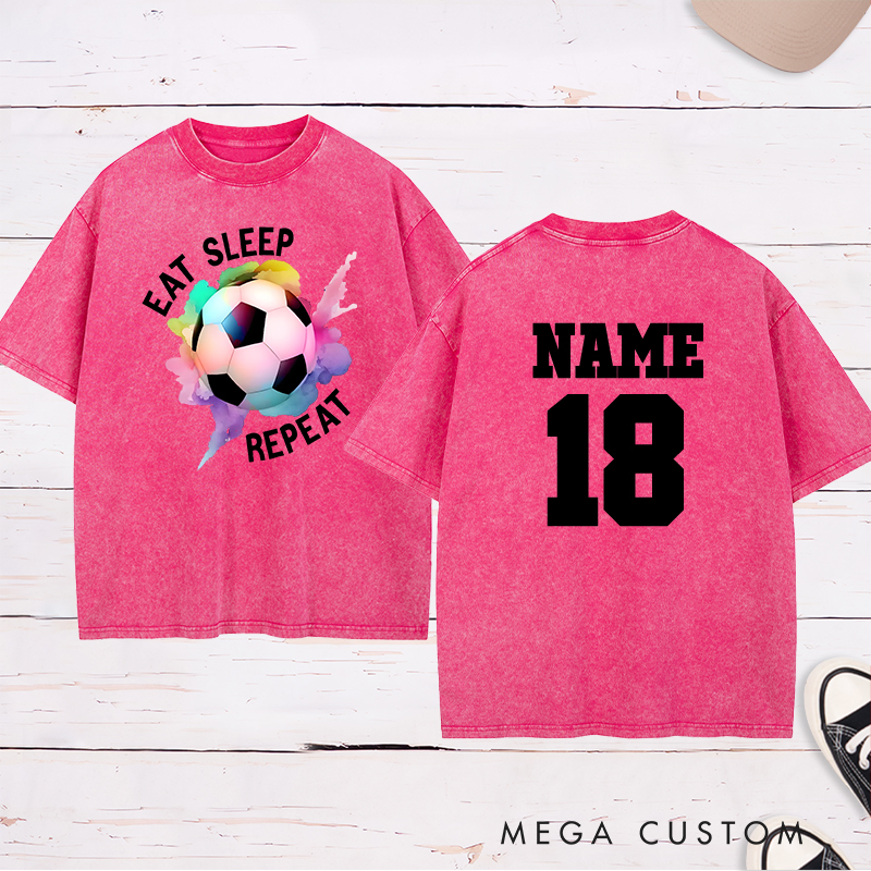 Personalized Soccer Washed T-Shirt with "Eat Sleep Repeat" Design and Custom Name and Number