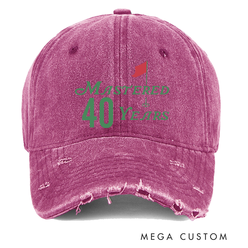 Personalized Distressed Denim Baseball Cap with Custom Age and "Mastered Years" Golf Flag Design for Milestone Celebrations