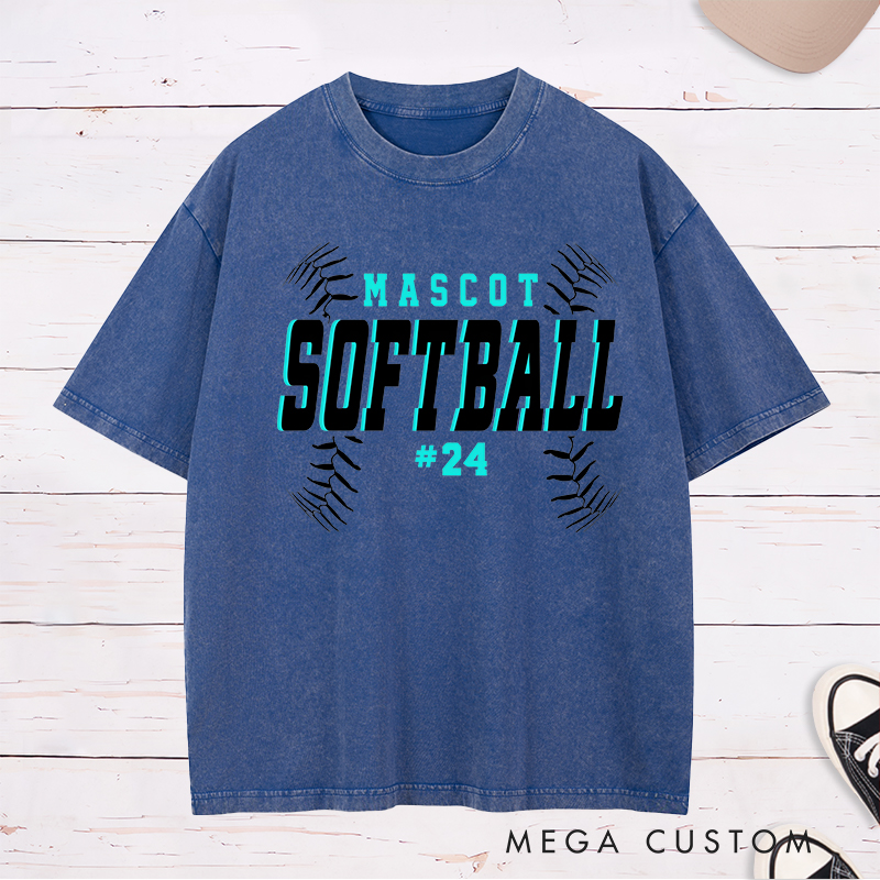 Personalized Softball Washed T-Shirt Team Design Featuring Bold Fixed Text a Dynamic Softball Stitching Graphic and Customizable Team Name and Player Number