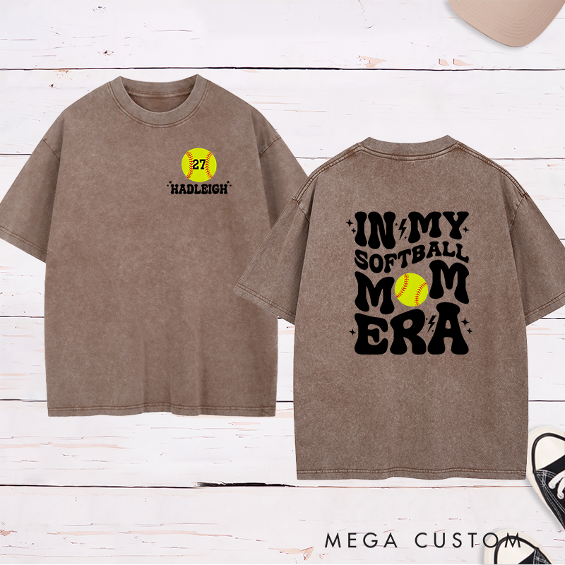 Personalized Softball Mom Washed T-Shirt Design Featuring Bold Retro Text Custom Player Number and Name with Softball Graphic