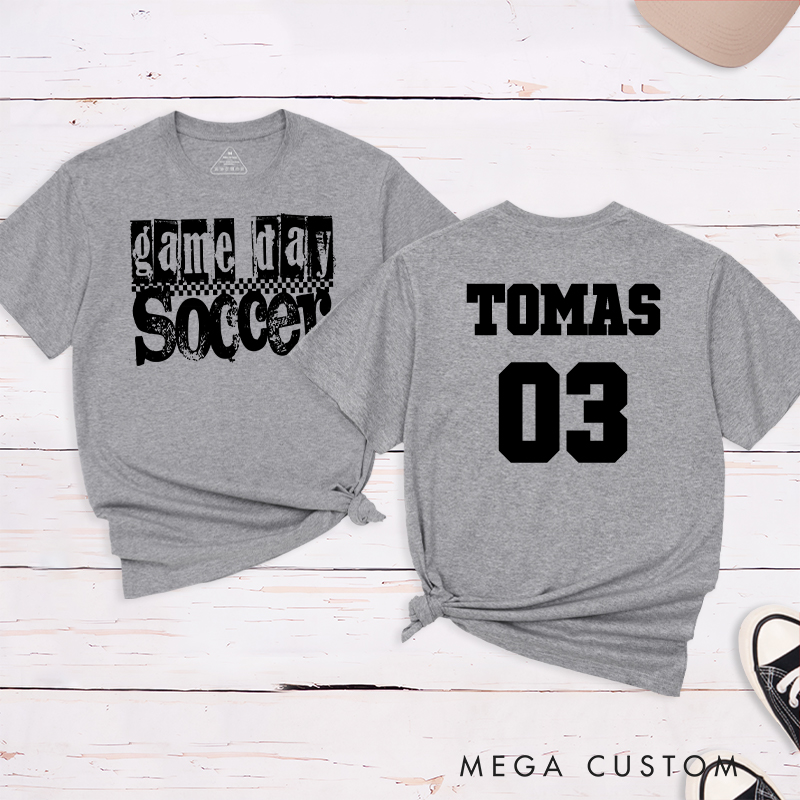 Personalized Game Day Soccer T-Shirt with Grunge Checkerboard Design and Custom Name and Number