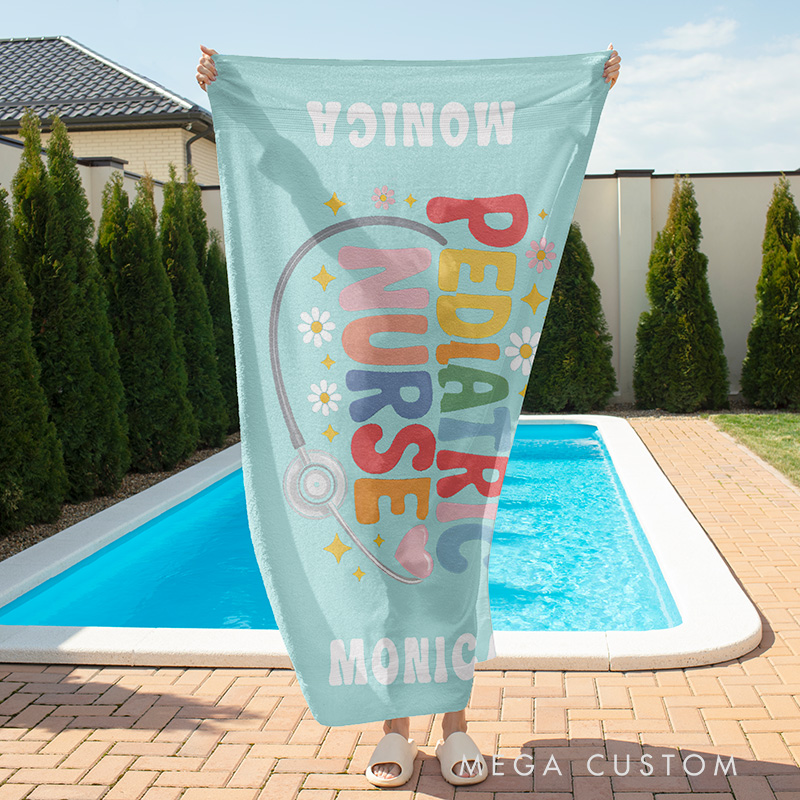 Personalized Nurse Beach Towel Custom Pediatric Nurse Caring with Color Design Beach Towel Nurse Gift For Men Women