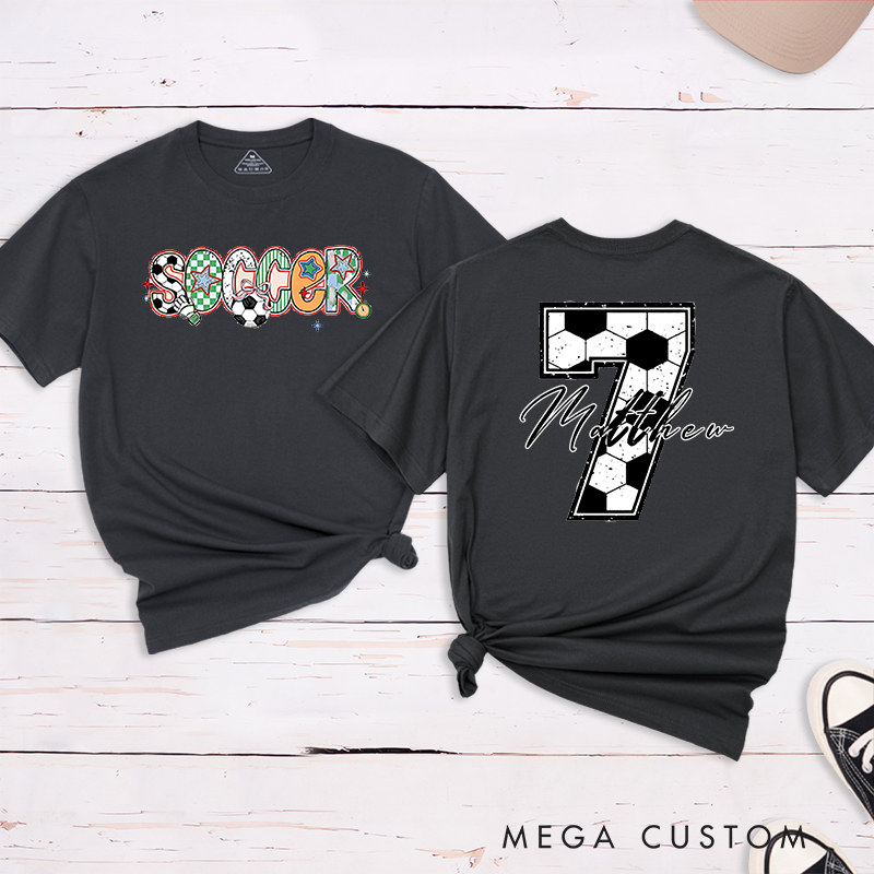 Personalized Soccer T-Shirt with Colorful Patterned Lettering and Custom Name and Number