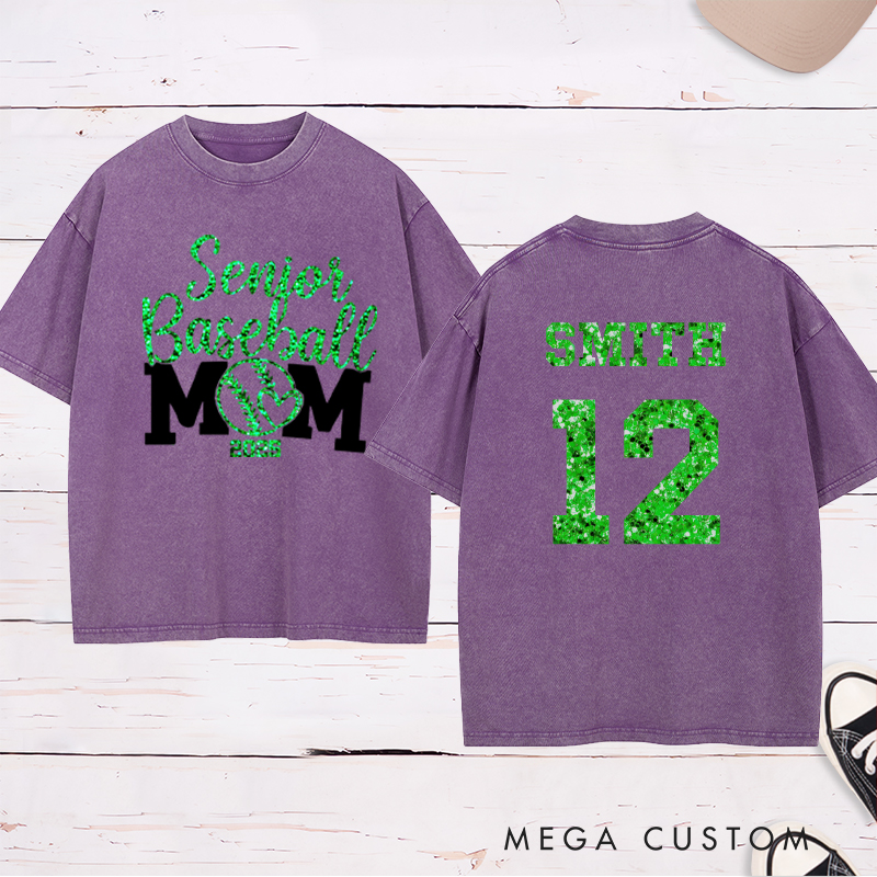 Personalized Senior Baseball Mom Washed T-Shirt with Custom Name and Number