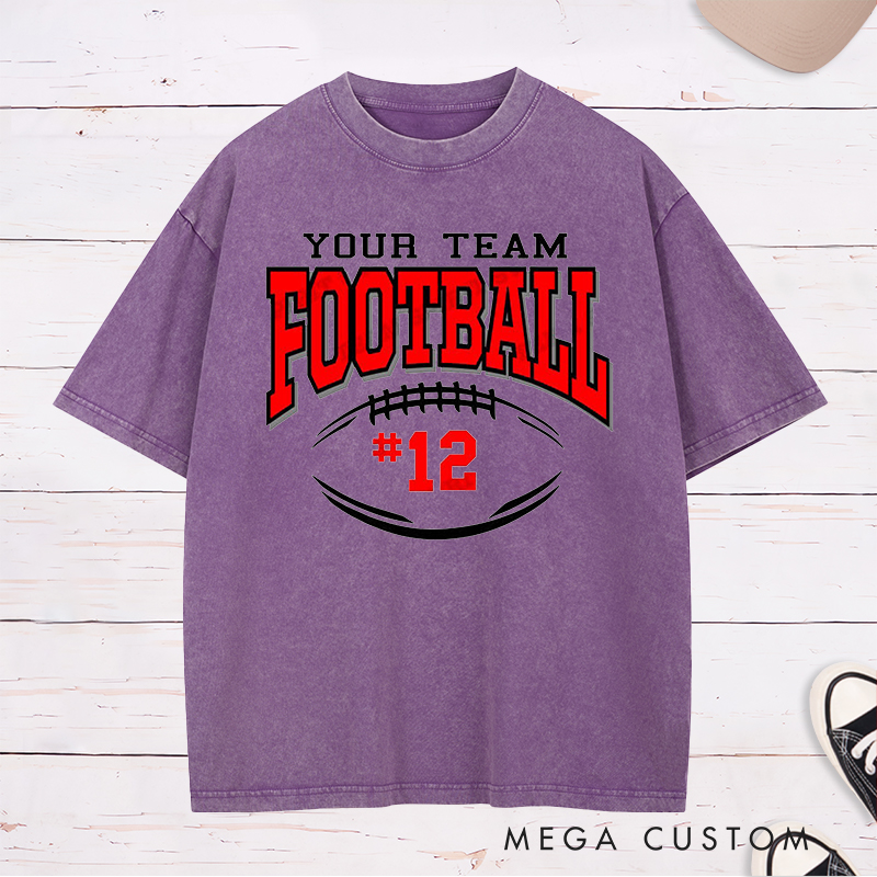 Personalized American Football Washed T-Shirts Featuring Custom Team Name and Number on the Front