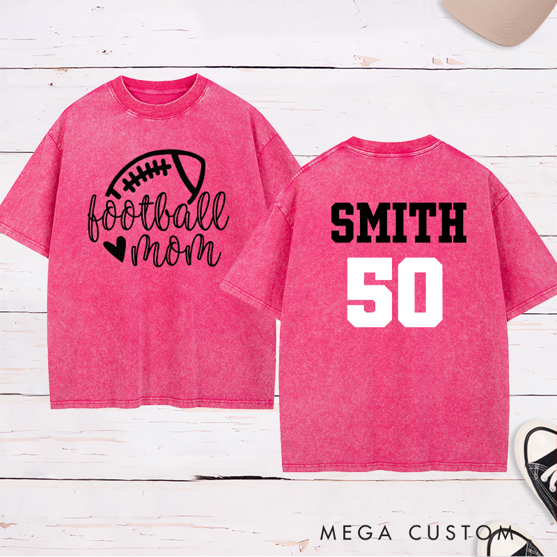 Personalized American Football Mom Washed T-Shirts Featuring Custom Name and Number
